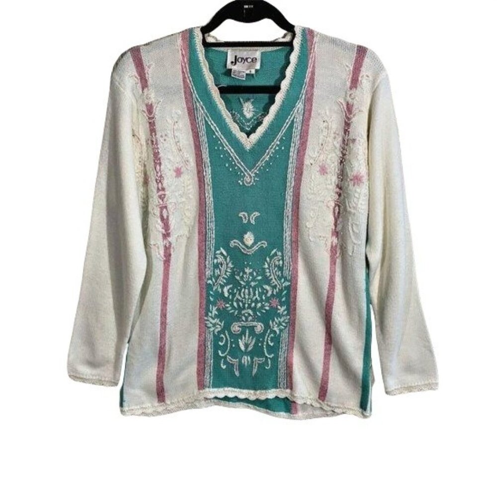 Vintage Joyce Pastel Floral Embroidered Grandmacore Sweater S
